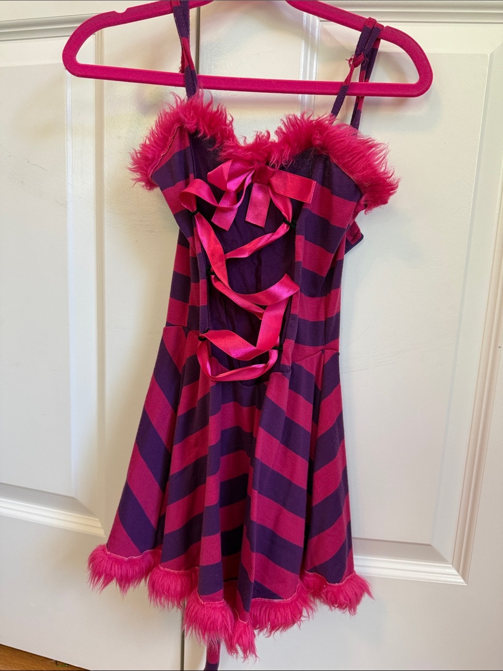 Cheshire Cat Pink and Purple Striped Halloween Costume Dress with Faux Fur Trim